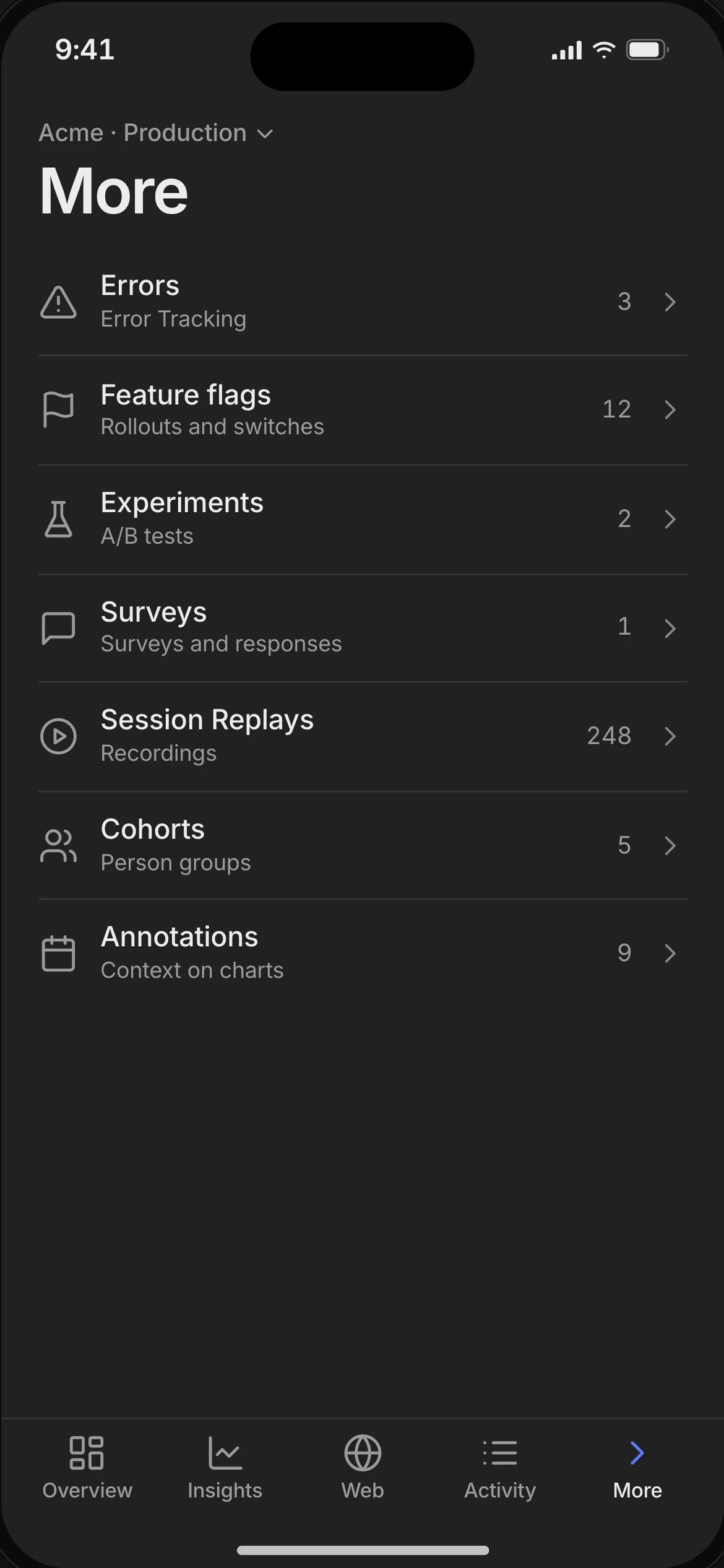 MobileHog on iPhone: errors, feature flags, experiments, surveys, replays, cohorts and annotations (sample data)